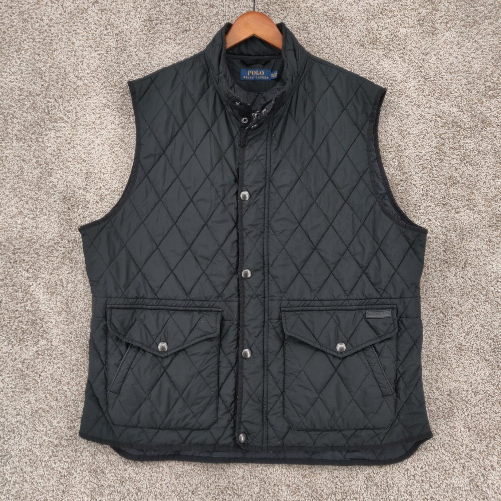 Polo Ralph Lauren Men's 2XL XXL Black Quilted Vest Snap Buttons Logo